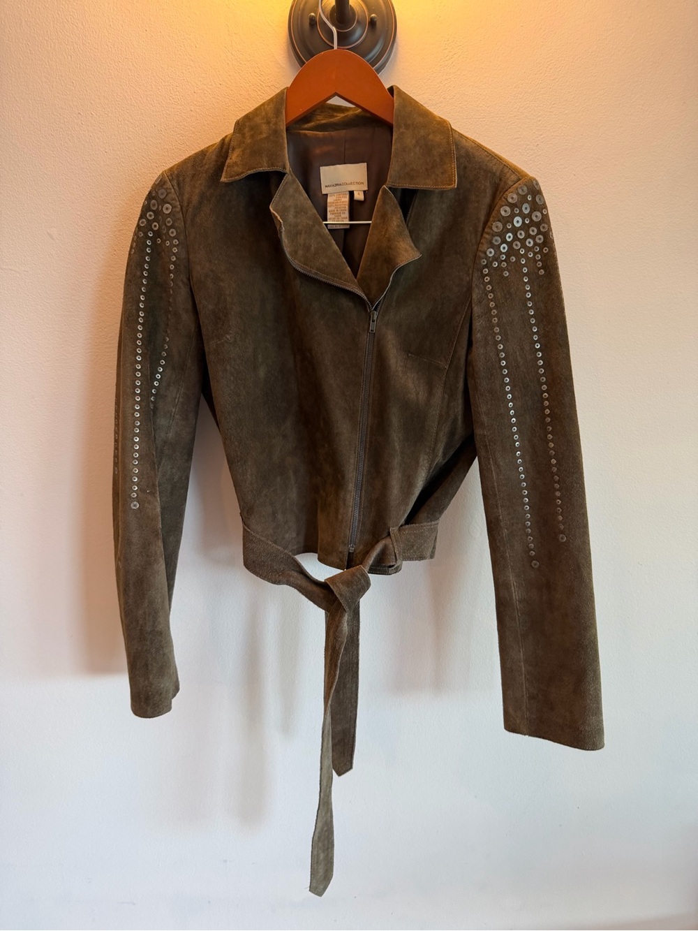 Max Azria Collection Brown Suede Leather Studded Moto Jacket Belted Size 4